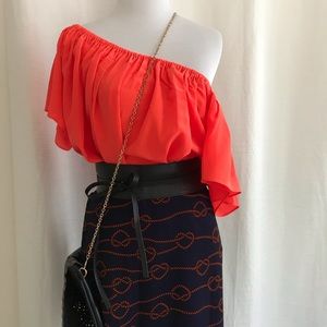 Orange off the shoulder with pencil skirt